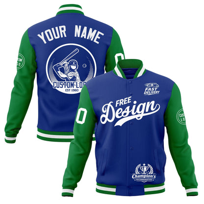 Custom Royal Blue Kelly Green White Jacket Classic Style Full-Snap Club & Spirit Wear Breathable