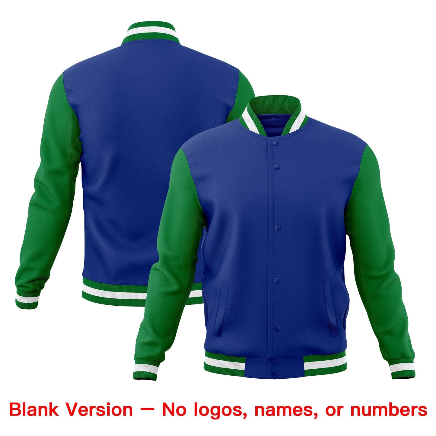 Custom Royal Blue Kelly Green White Jacket Classic Style Full-Snap Club & Spirit Wear Wrinkle-Resistant