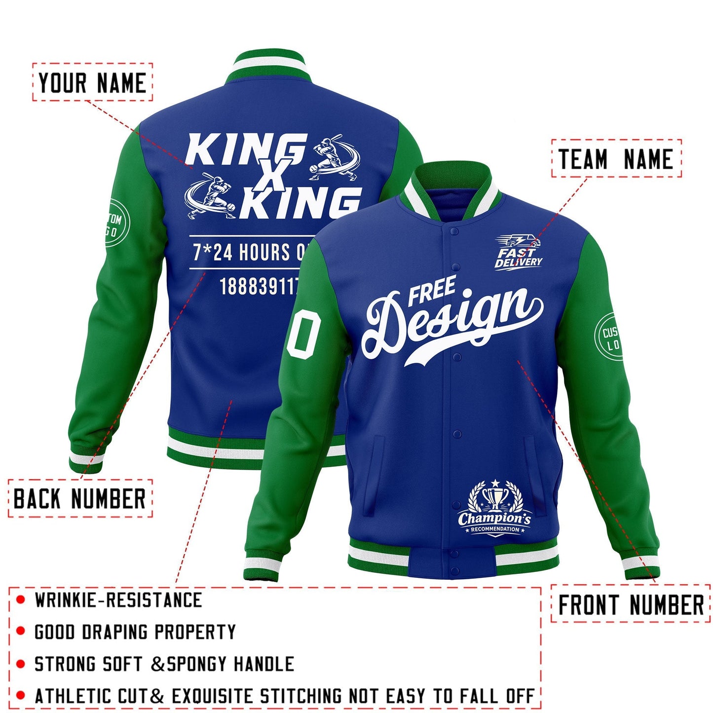 Custom Royal Blue Kelly Green White Jacket Classic Style Full-Snap Club & Spirit Wear Wrinkle-Resistant