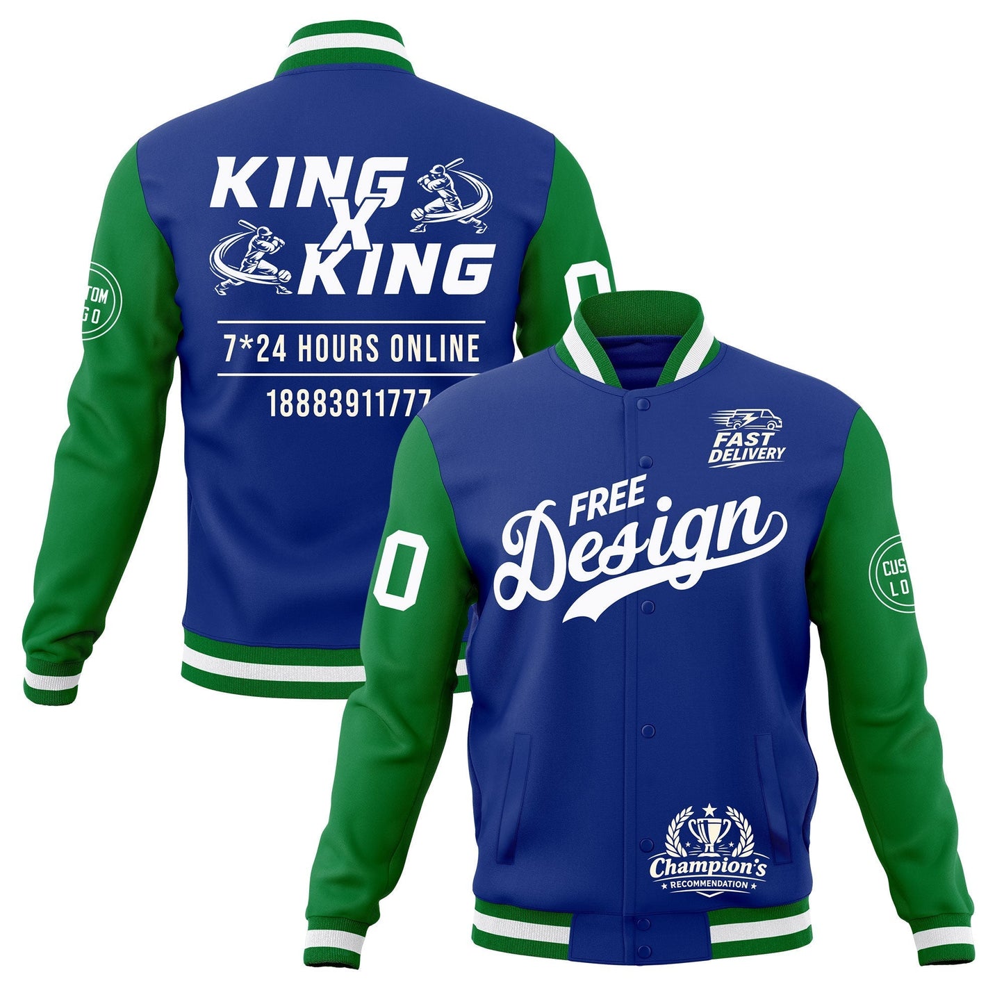 Custom Royal Blue Kelly Green White Jacket Classic Style Full-Snap Club & Spirit Wear Wrinkle-Resistant