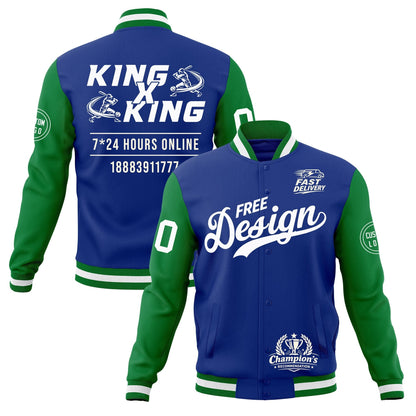 Custom Royal Blue Kelly Green White Jacket Classic Style Full-Snap Club & Spirit Wear Wrinkle-Resistant