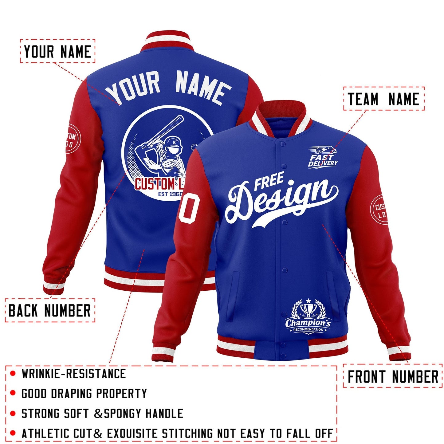 Custom Royal Blue Red White Jacket Classic Style Full-Snap Club & Spirit Wear Breathable