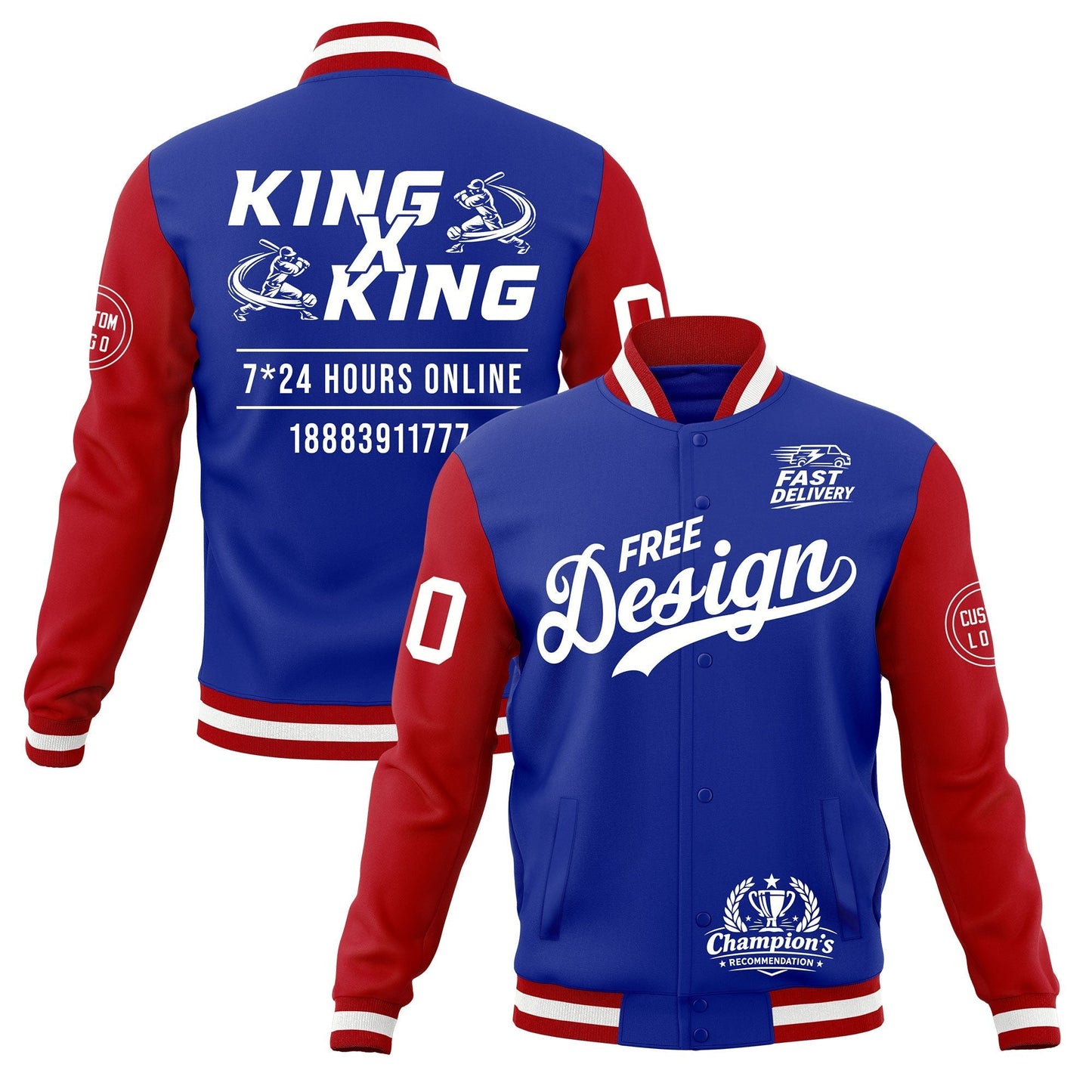Custom Royal Blue Red White Jacket Classic Style Full-Snap Club & Spirit Wear Wrinkle-Resistant