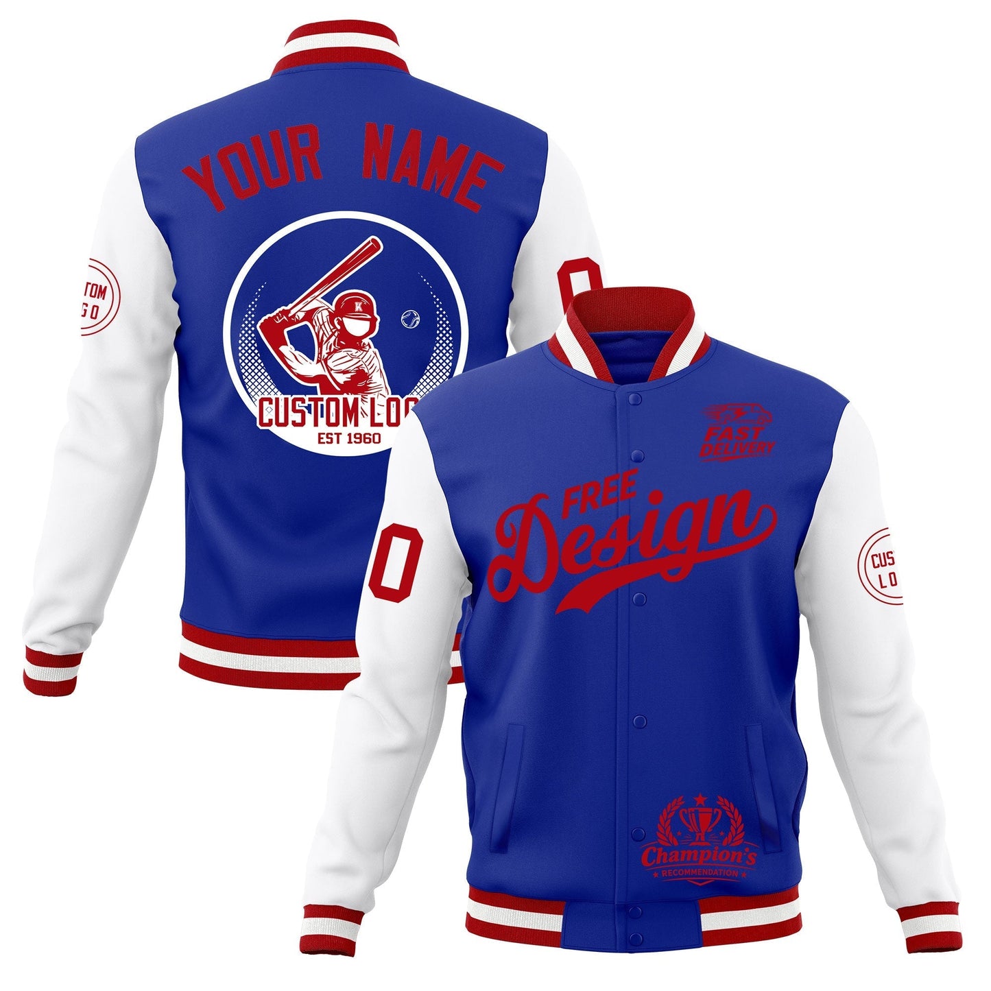 Custom Royal Blue Red White Jacket Classic Style Full-Snap Club & Spirit Wear Breathable