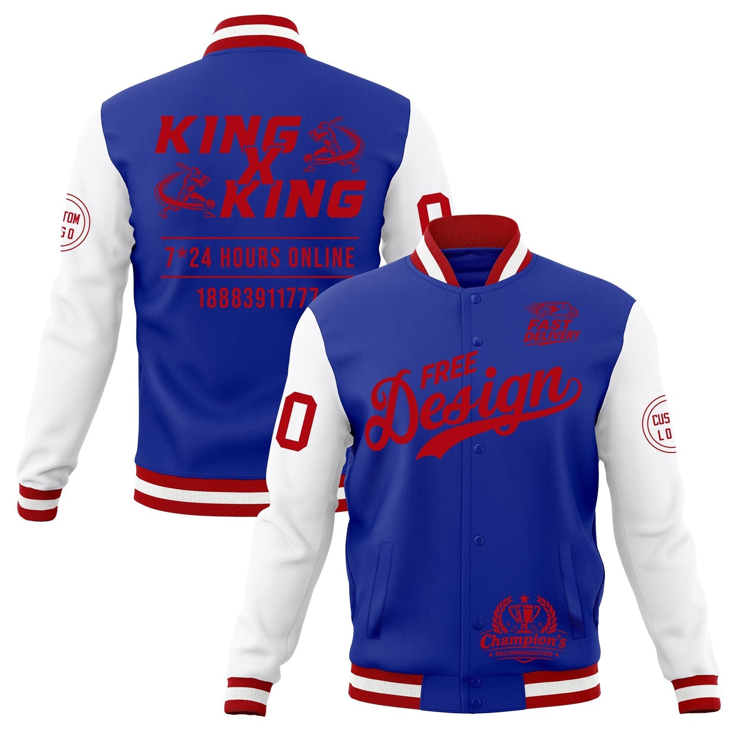 Custom Royal Blue Red White Jacket Classic Style Full-Snap Club & Spirit Wear Wrinkle-Resistant