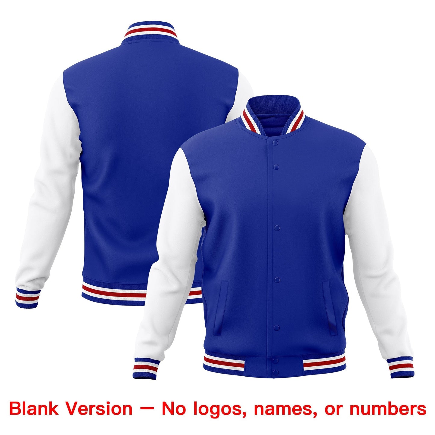 Custom Royal Blue White Red Jacket Classic Style Full-Snap Club & Spirit Wear Breathable