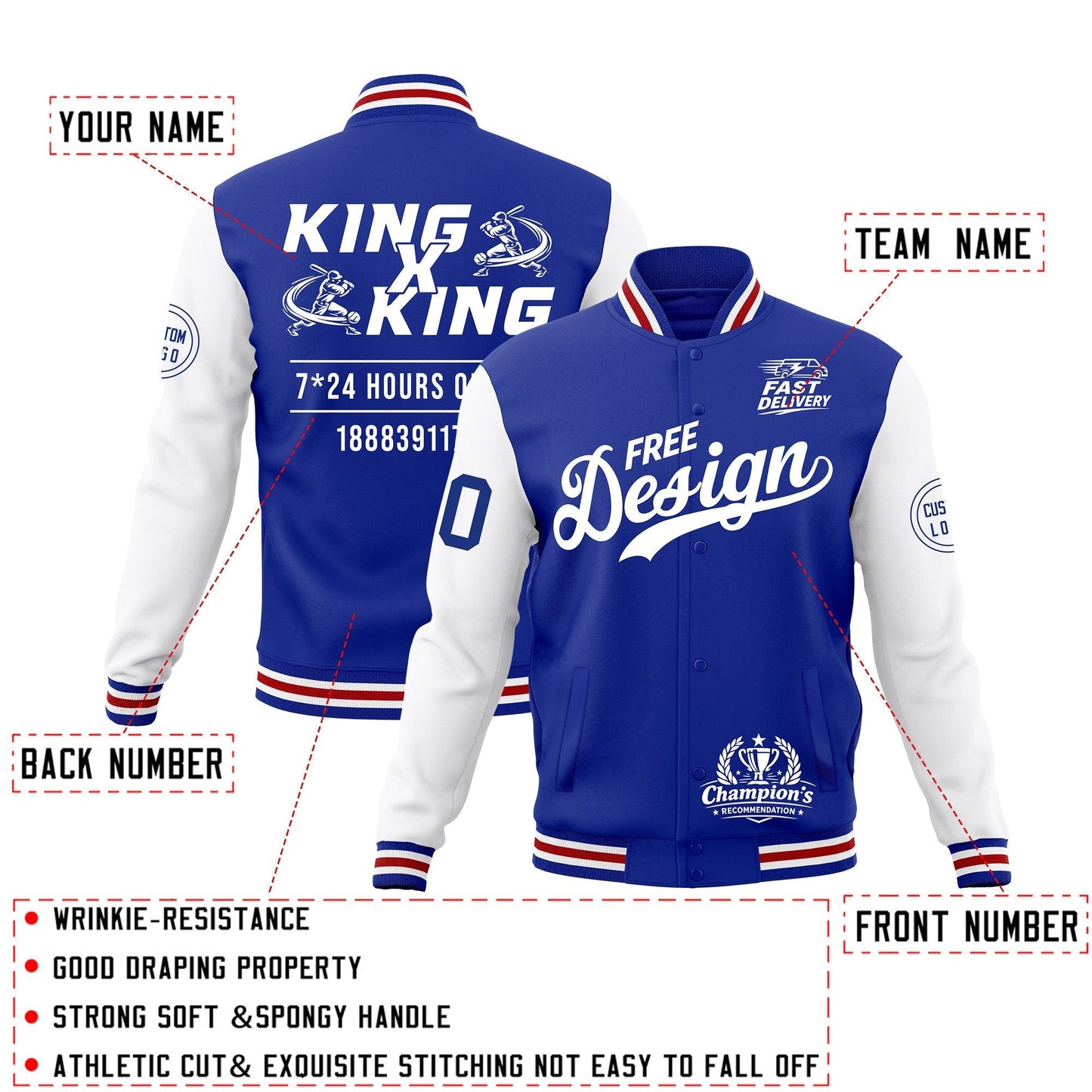 Custom Royal Blue White Red Jacket Classic Style Full-Snap Club & Spirit Wear Wrinkle-Resistant