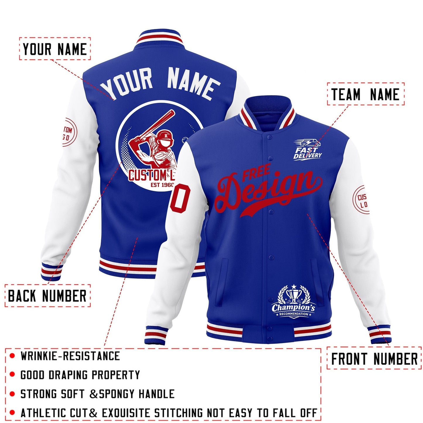 Custom Royal Blue White Red Jacket Classic Style Full-Snap Club & Spirit Wear Breathable