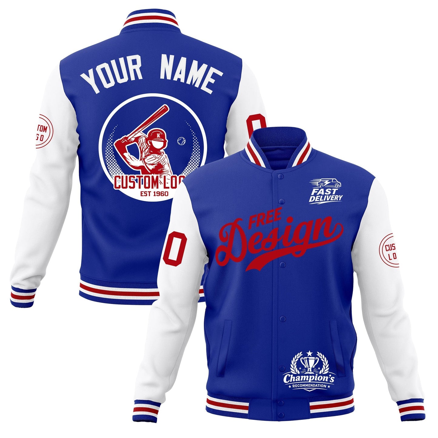 Custom Royal Blue White Red Jacket Classic Style Full-Snap Club & Spirit Wear Breathable