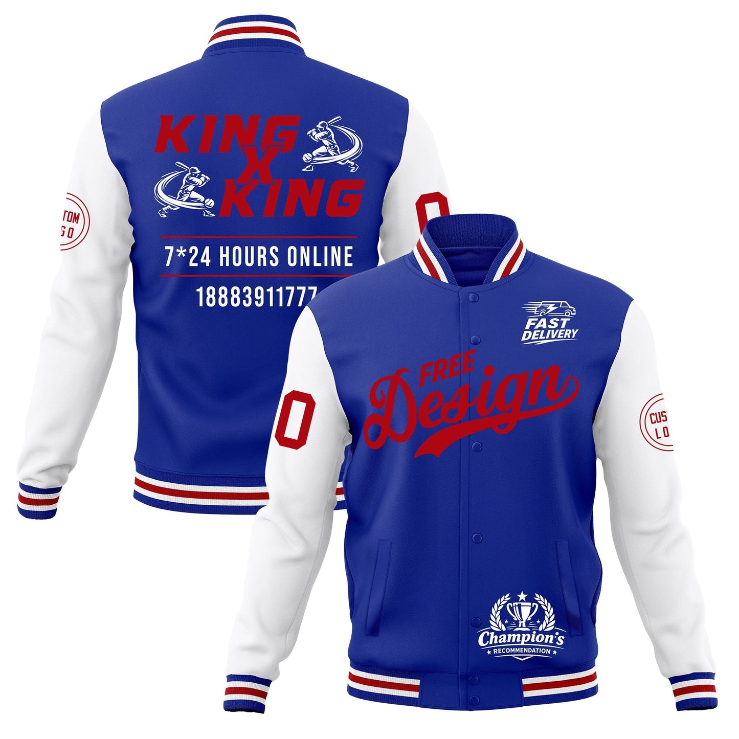 Custom Royal Blue White Red Jacket Classic Style Full-Snap Club & Spirit Wear Wrinkle-Resistant