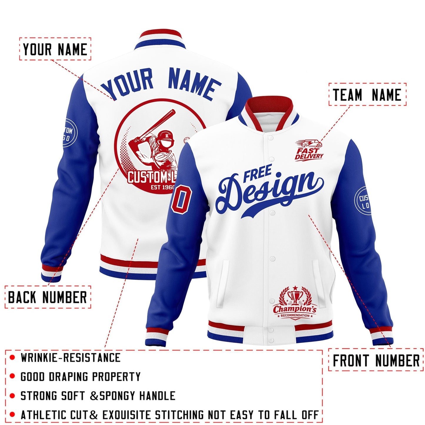Custom White Red Royal Blue Jacket Classic Style Full-Snap Club & Spirit Wear Breathable