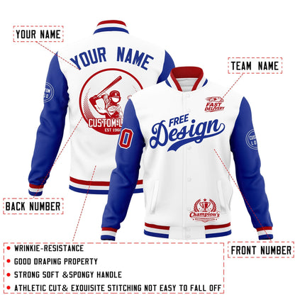 Custom White Red Royal Blue Jacket Classic Style Full-Snap Club & Spirit Wear Breathable