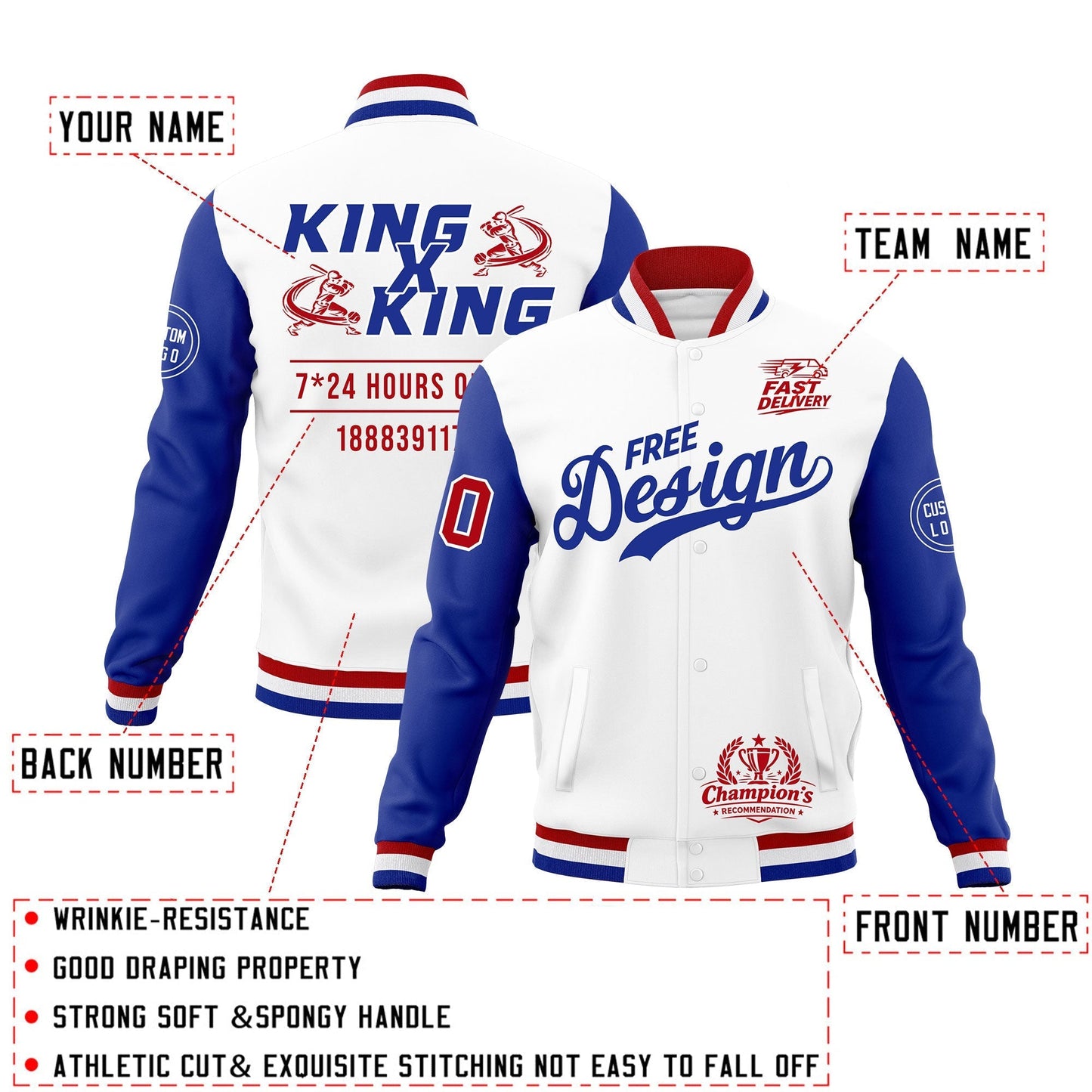Custom White Red Royal Blue Jacket Classic Style Full-Snap Club & Spirit Wear Wrinkle-Resistant