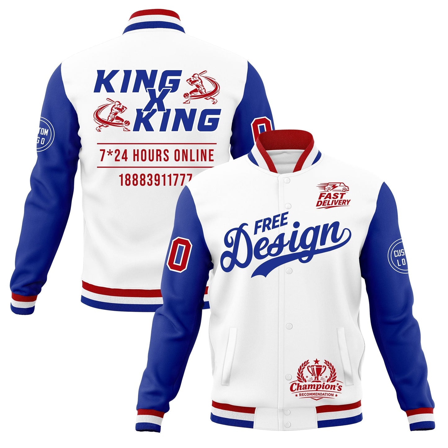 Custom White Red Royal Blue Jacket Classic Style Full-Snap Club & Spirit Wear Wrinkle-Resistant