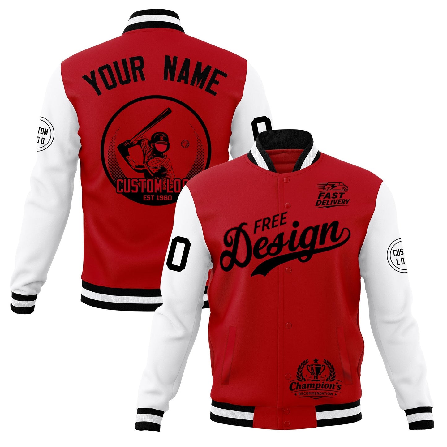 Custom Red Black White Jacket Classic Style Full-Snap Club & Spirit Wear Breathable