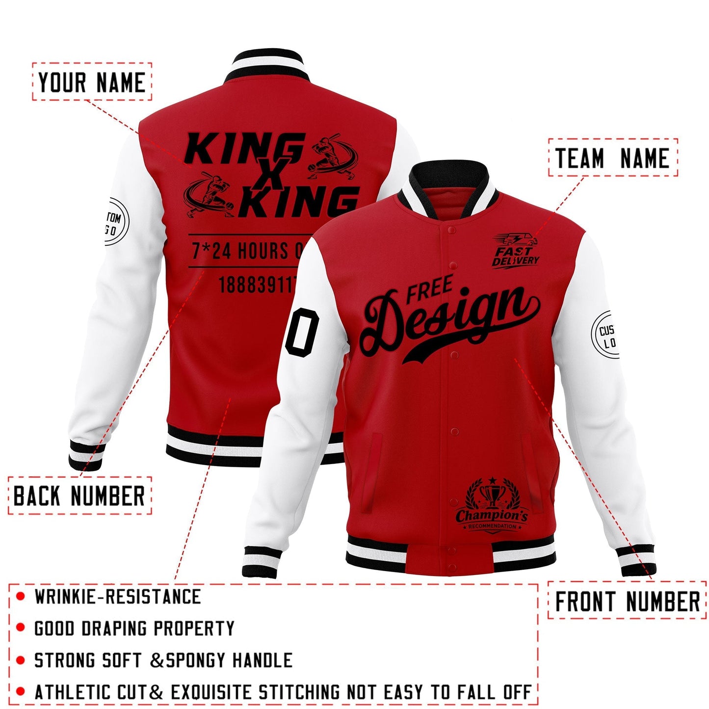 Custom Red Black White Jacket Classic Style Full-Snap Club & Spirit Wear Wrinkle-Resistant