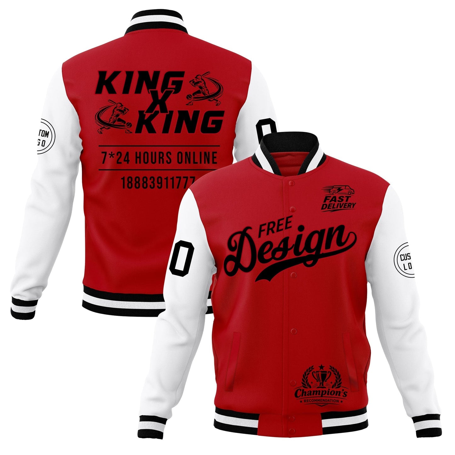 Custom Red Black White Jacket Classic Style Full-Snap Club & Spirit Wear Wrinkle-Resistant