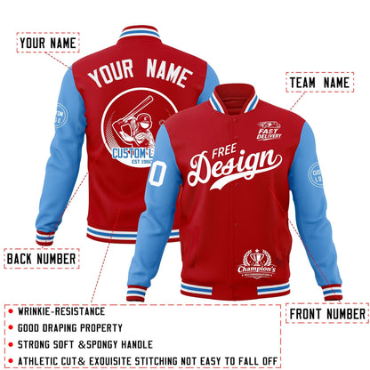 Custom Red White Light Blue Jacket Classic Style Full-Snap Club & Spirit Wear Breathable