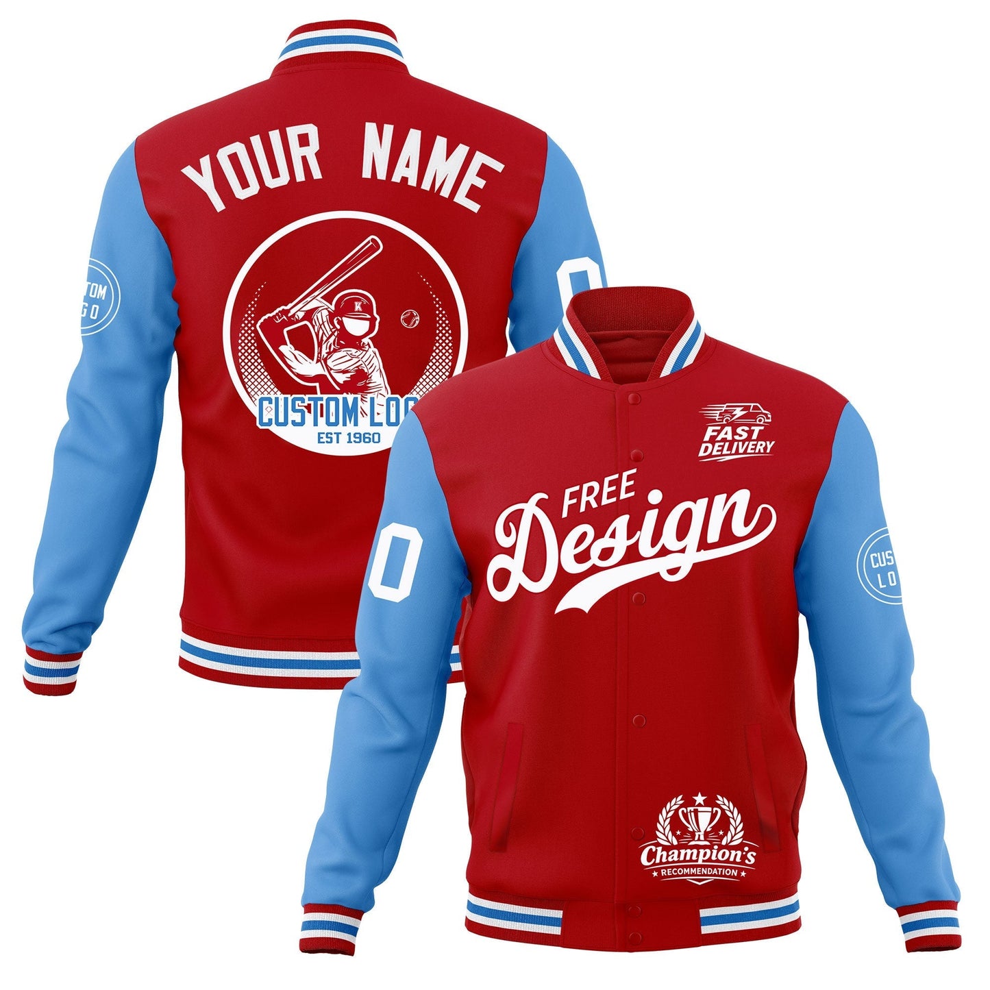 Custom Red White Light Blue Jacket Classic Style Full-Snap Club & Spirit Wear Breathable