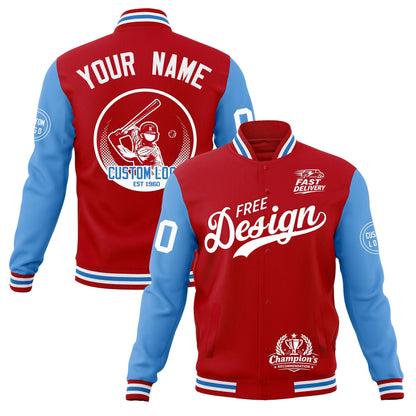Custom Red White Light Blue Jacket Classic Style Full-Snap Club & Spirit Wear Breathable