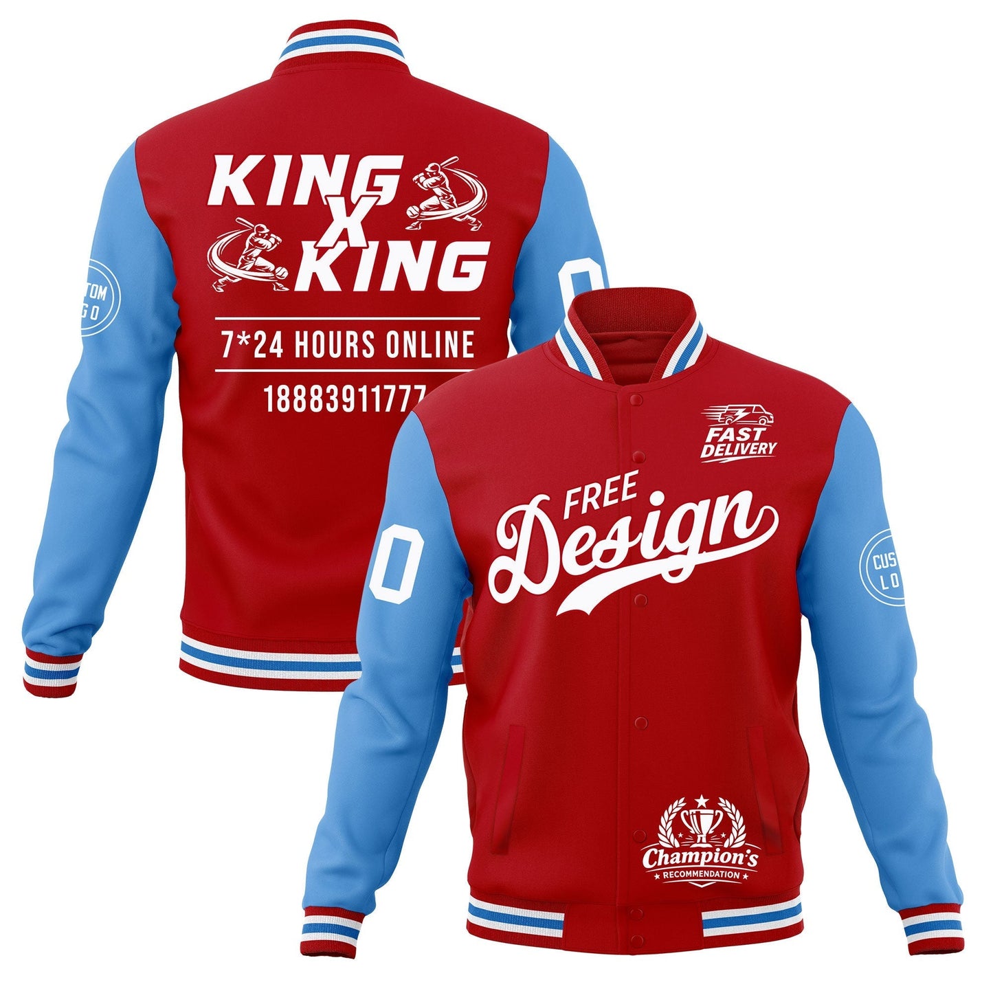 Custom Red White Light Blue Jacket Classic Style Full-Snap Club & Spirit Wear Wrinkle-Resistant