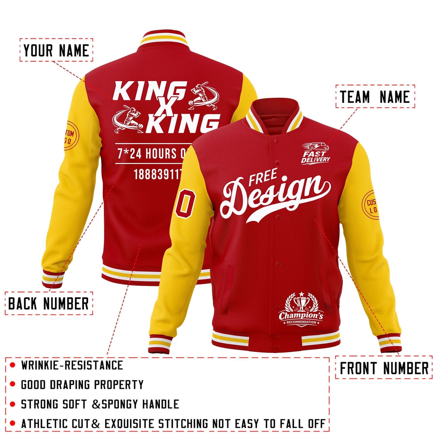Custom Red White Gold Jacket Classic Style Full-Snap Club & Spirit Wear Wrinkle-Resistant