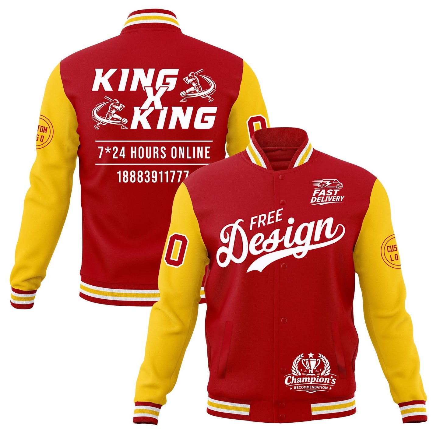 Custom Red White Gold Jacket Classic Style Full-Snap Club & Spirit Wear Wrinkle-Resistant