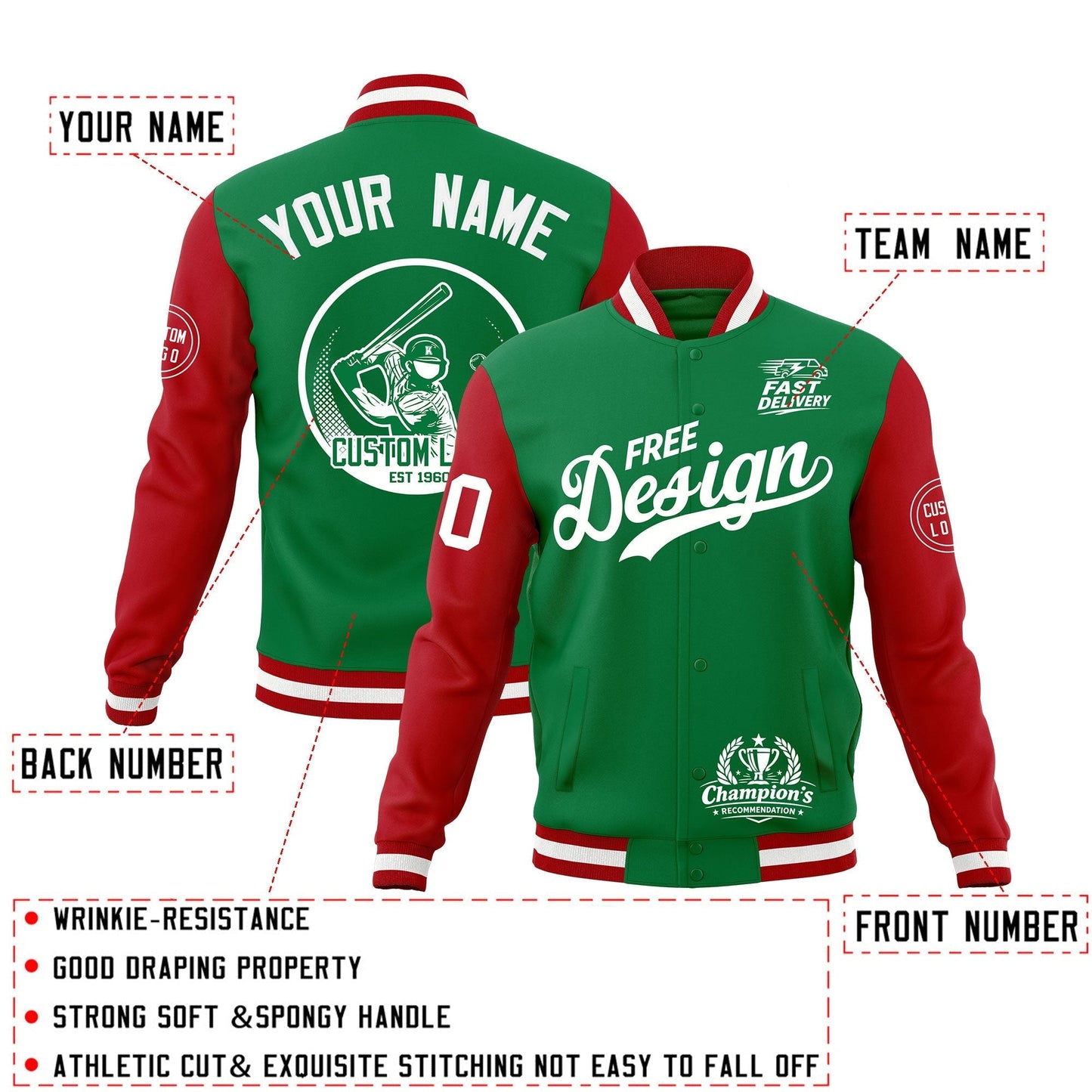 Custom Kelly Green Red White Jacket Classic Style Full-Snap Club & Spirit Wear Breathable