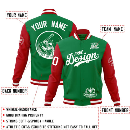 Custom Kelly Green Red White Jacket Classic Style Full-Snap Club & Spirit Wear Breathable