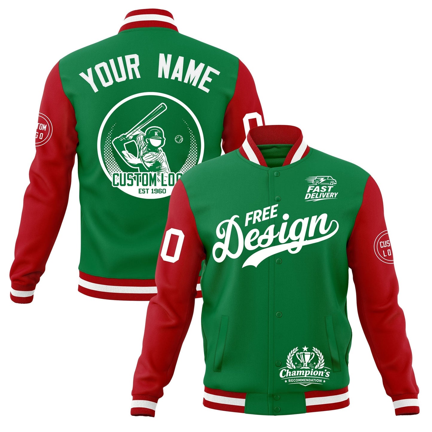 Custom Kelly Green Red White Jacket Classic Style Full-Snap Club & Spirit Wear Breathable