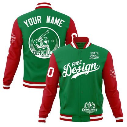 Custom Kelly Green Red White Jacket Classic Style Full-Snap Club & Spirit Wear Breathable