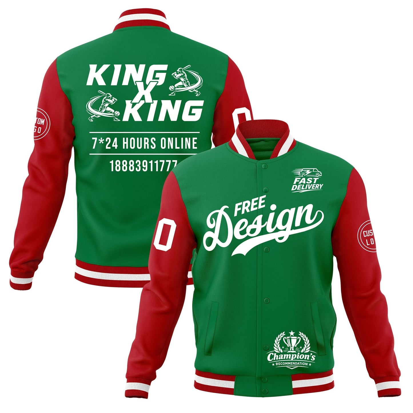 Custom Kelly Green Red White Jacket Classic Style Full-Snap Club & Spirit Wear Wrinkle-Resistant