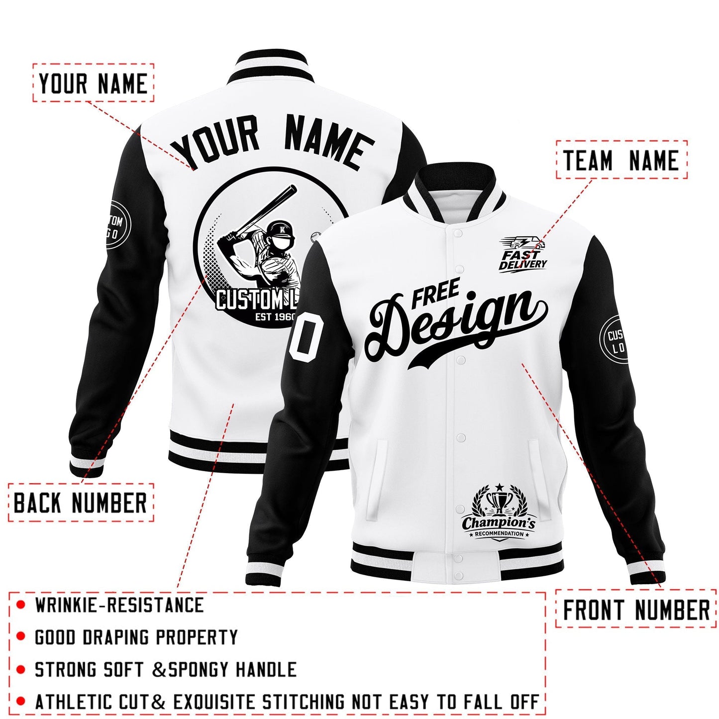 Custom White Black Jacket Classic Style Full-Snap Club & Spirit Wear Breathable