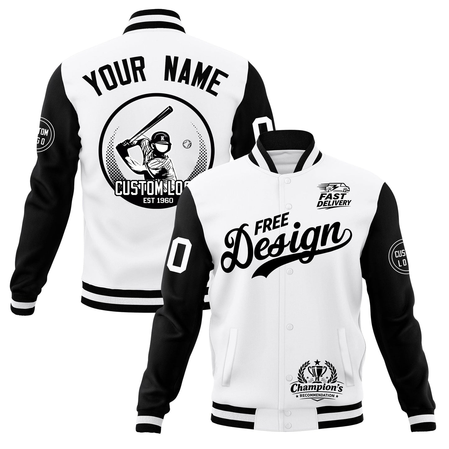 Custom White Black Jacket Classic Style Full-Snap Club & Spirit Wear Breathable