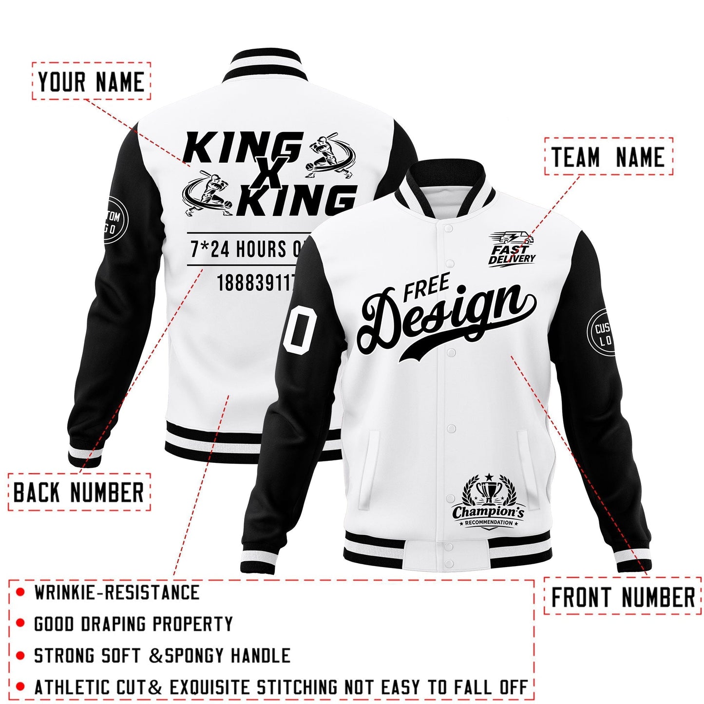 Custom White Black Jacket Classic Style Full-Snap Club & Spirit Wear Wrinkle-Resistant