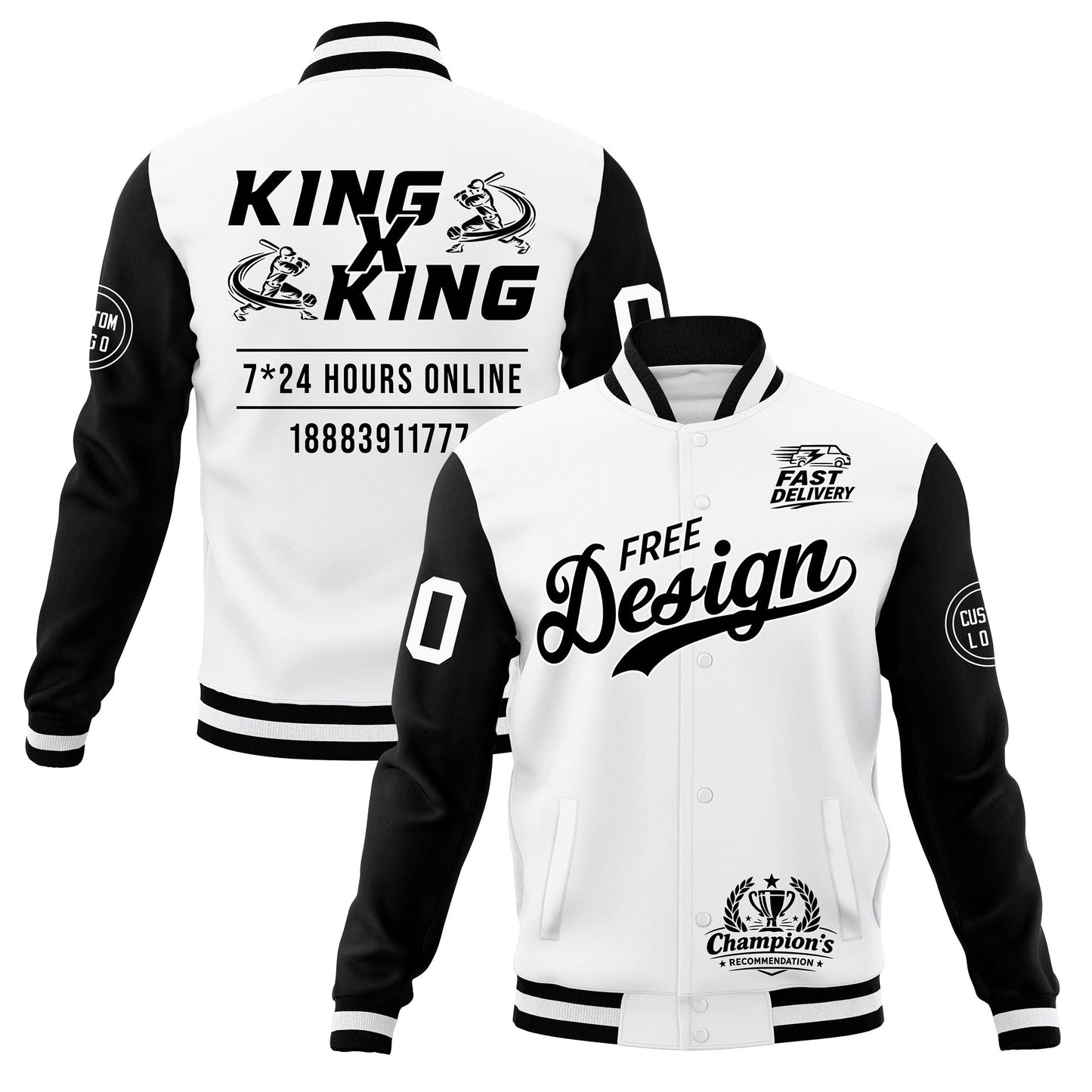 Custom White Black Jacket Classic Style Full-Snap Club & Spirit Wear Wrinkle-Resistant