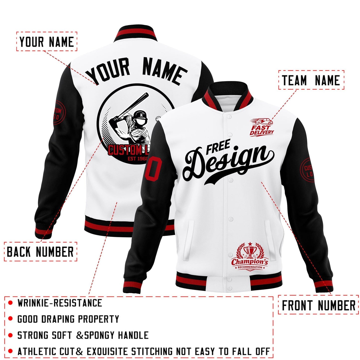 Custom White Black Red Jacket Classic Style Full-Snap Club & Spirit Wear Breathable