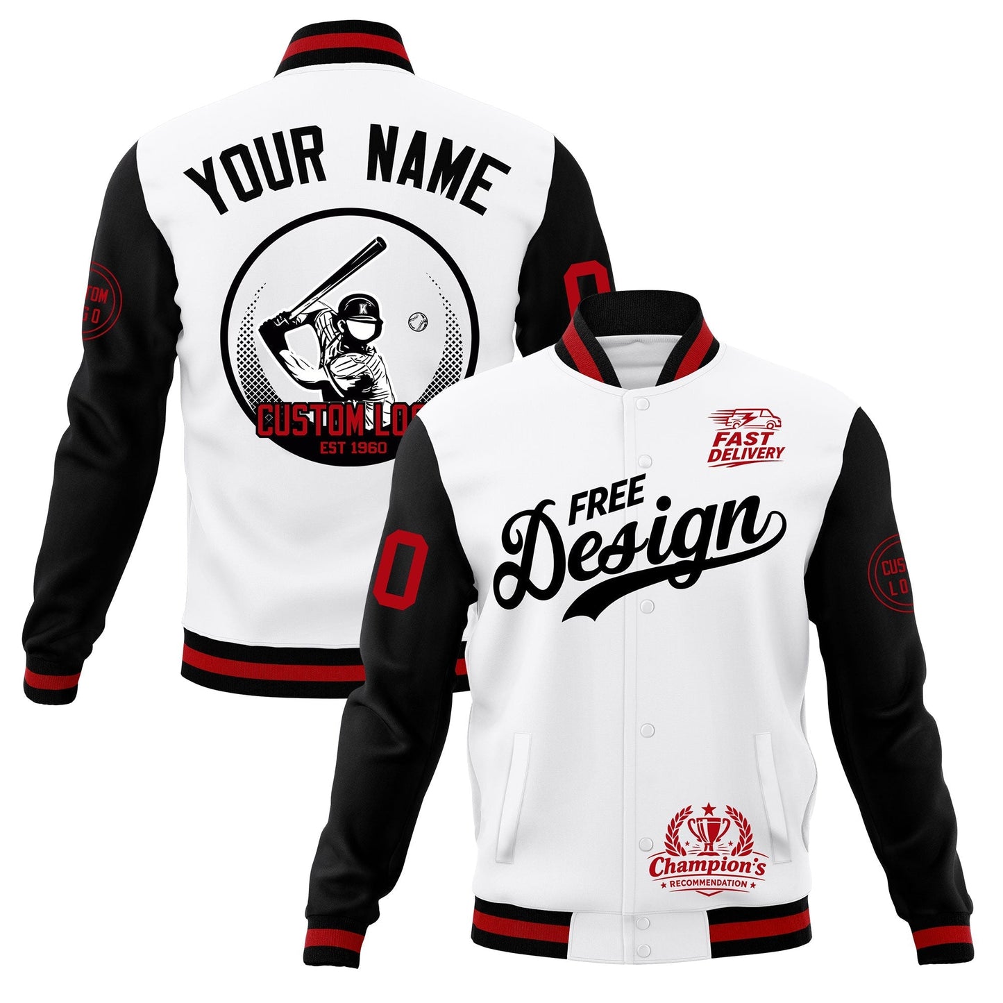 Custom White Black Red Jacket Classic Style Full-Snap Club & Spirit Wear Breathable