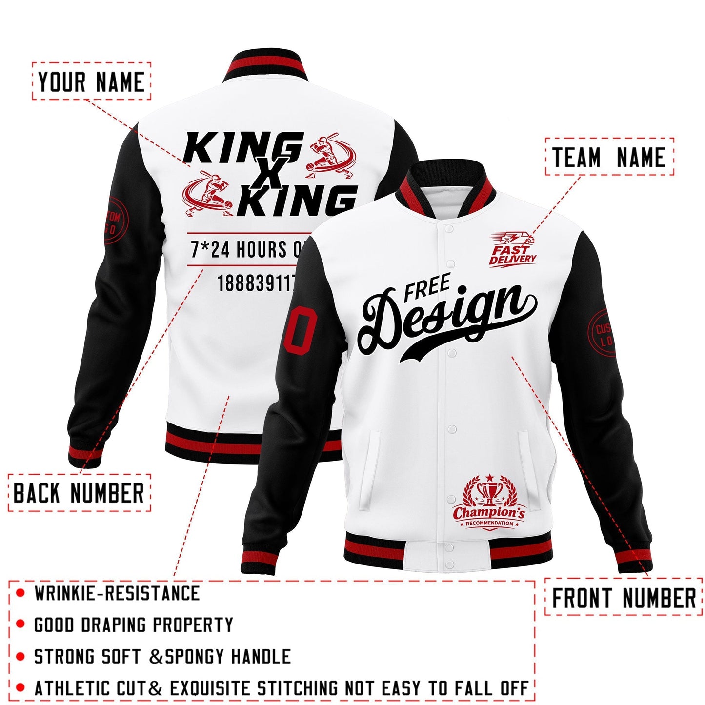 Custom White Black Red Jacket Classic Style Full-Snap Club & Spirit Wear Wrinkle-Resistant
