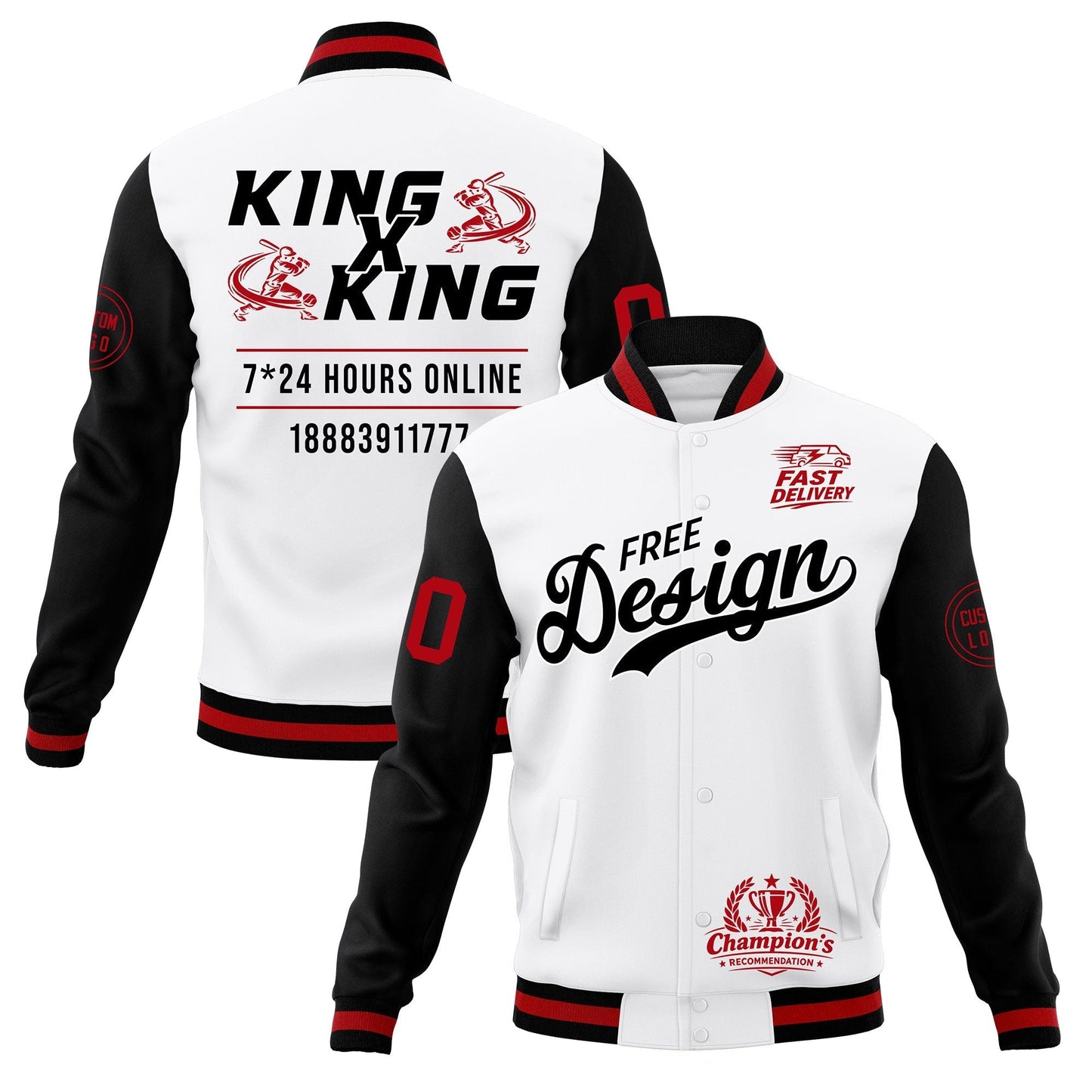 Custom White Black Red Jacket Classic Style Full-Snap Club & Spirit Wear Wrinkle-Resistant
