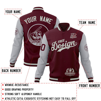 Custom Crimson Gray Jacket Classic Style Full-Snap Club & Spirit Wear Breathable