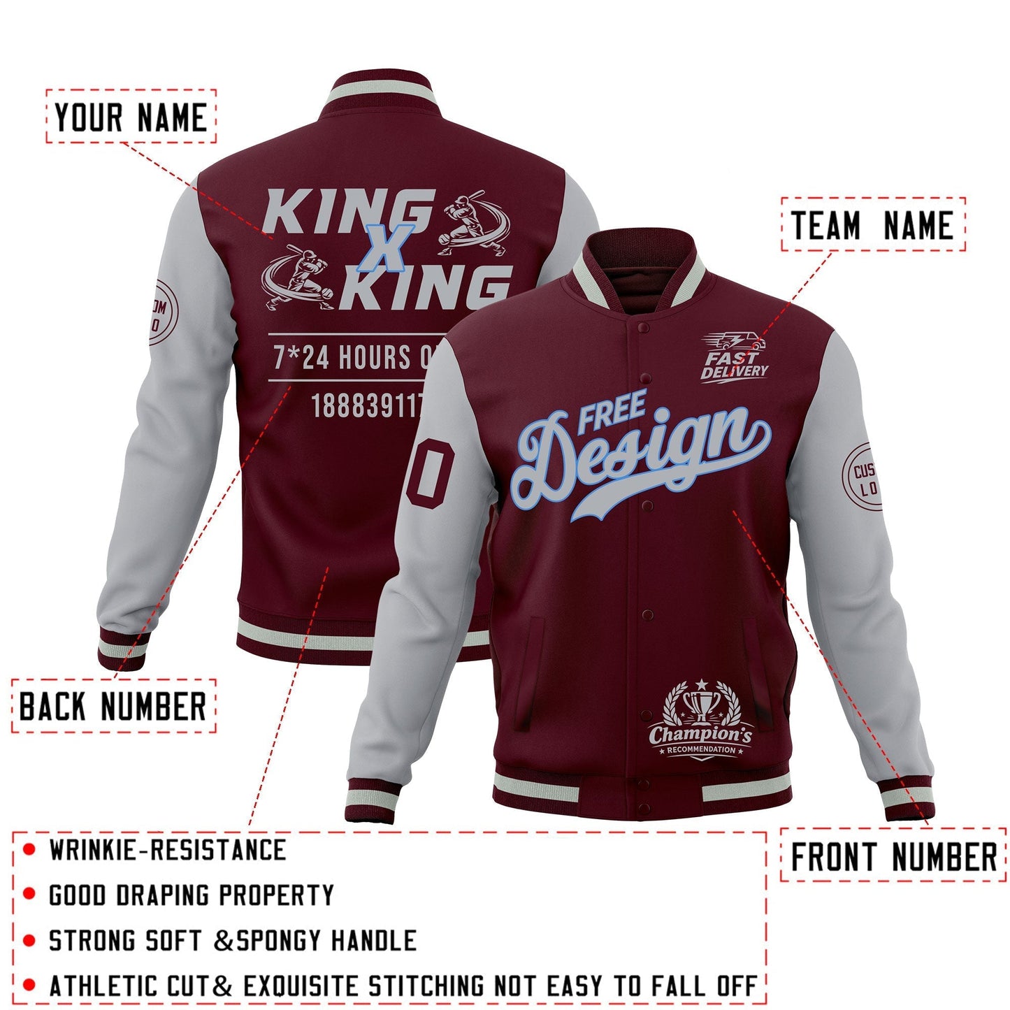 Custom Crimson Gray Jacket Classic Style Full-Snap Club & Spirit Wear Wrinkle-Resistant