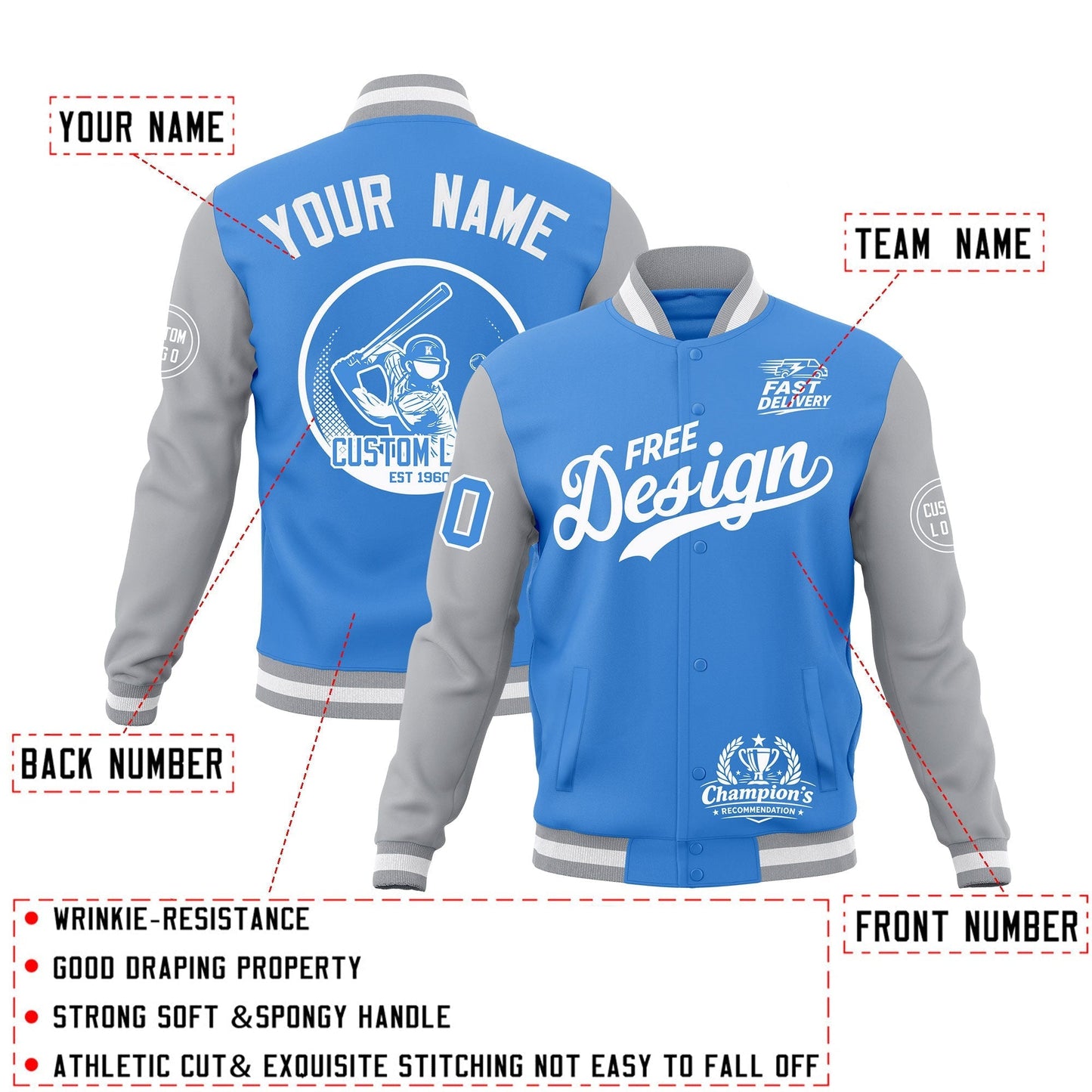 Custom Powder Blue Gray White Jacket Classic Style Full-Snap Club & Spirit Wear Breathable