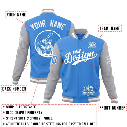 Custom Powder Blue Gray White Jacket Classic Style Full-Snap Club & Spirit Wear Breathable