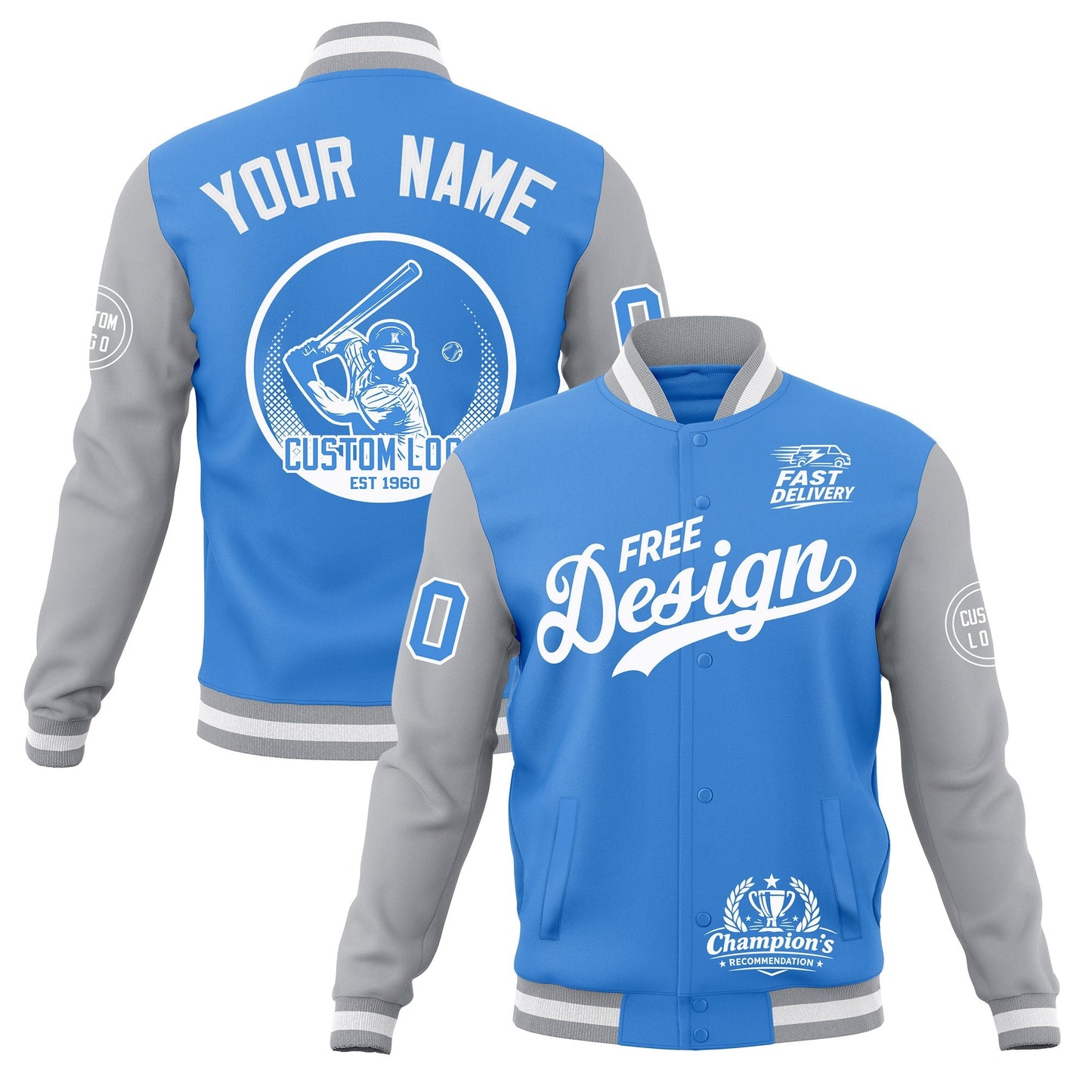 Custom Powder Blue Gray White Jacket Classic Style Full-Snap Club & Spirit Wear Breathable