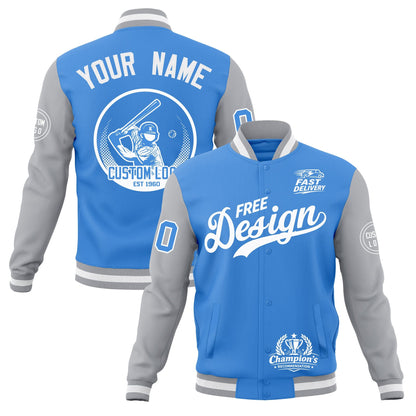 Custom Powder Blue Gray White Jacket Classic Style Full-Snap Club & Spirit Wear Breathable
