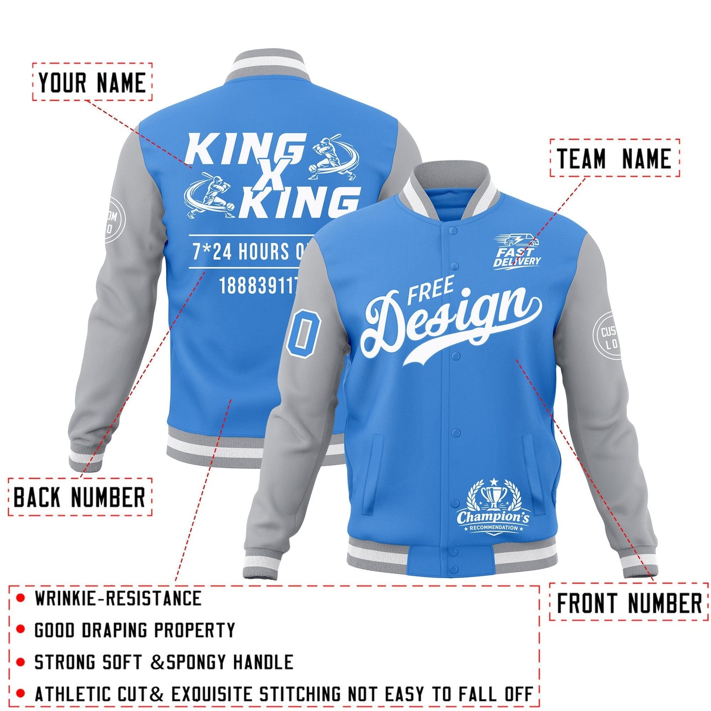Custom Powder Blue Gray White Jacket Classic Style Full-Snap Club & Spirit Wear Wrinkle-Resistant
