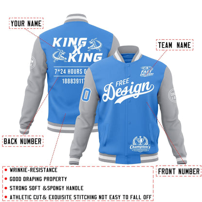 Custom Powder Blue Gray White Jacket Classic Style Full-Snap Club & Spirit Wear Wrinkle-Resistant