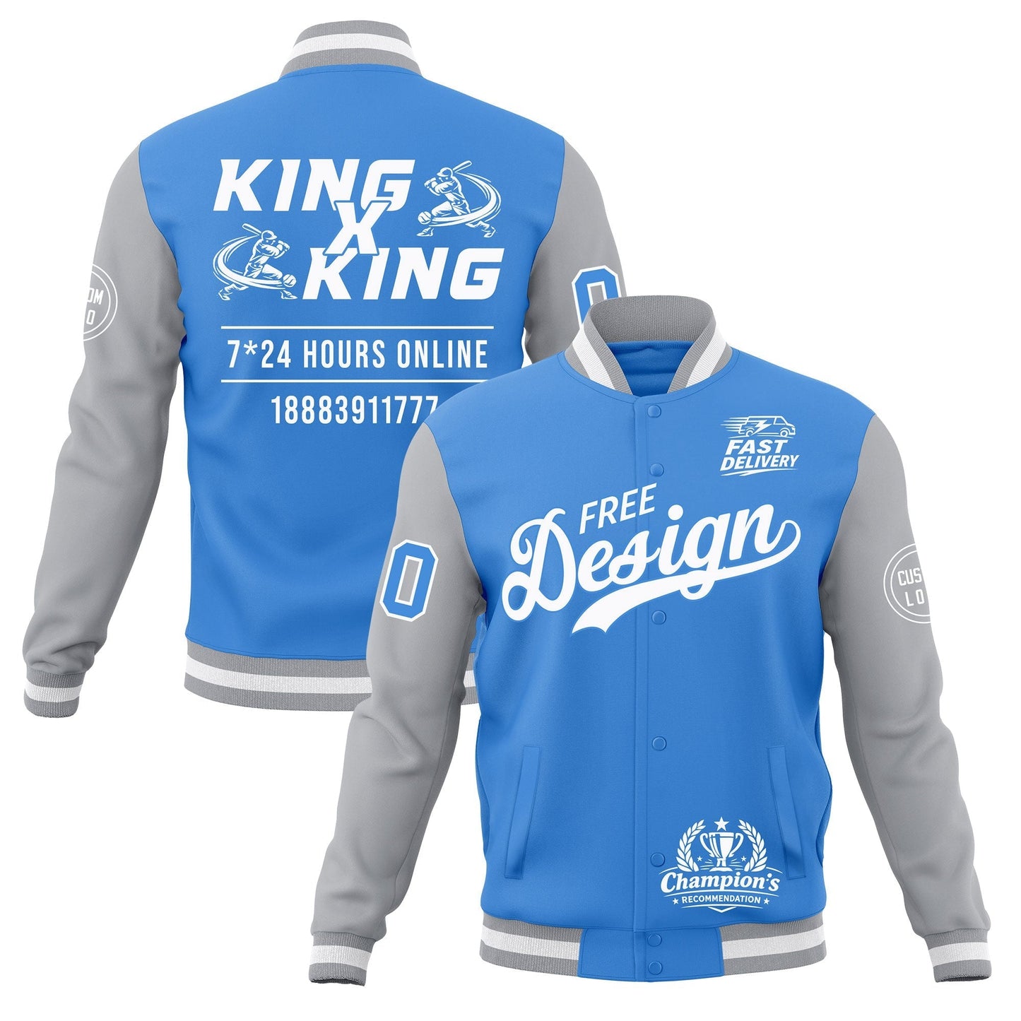 Custom Powder Blue Gray White Jacket Classic Style Full-Snap Club & Spirit Wear Wrinkle-Resistant