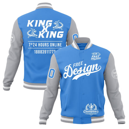 Custom Powder Blue Gray White Jacket Classic Style Full-Snap Club & Spirit Wear Wrinkle-Resistant